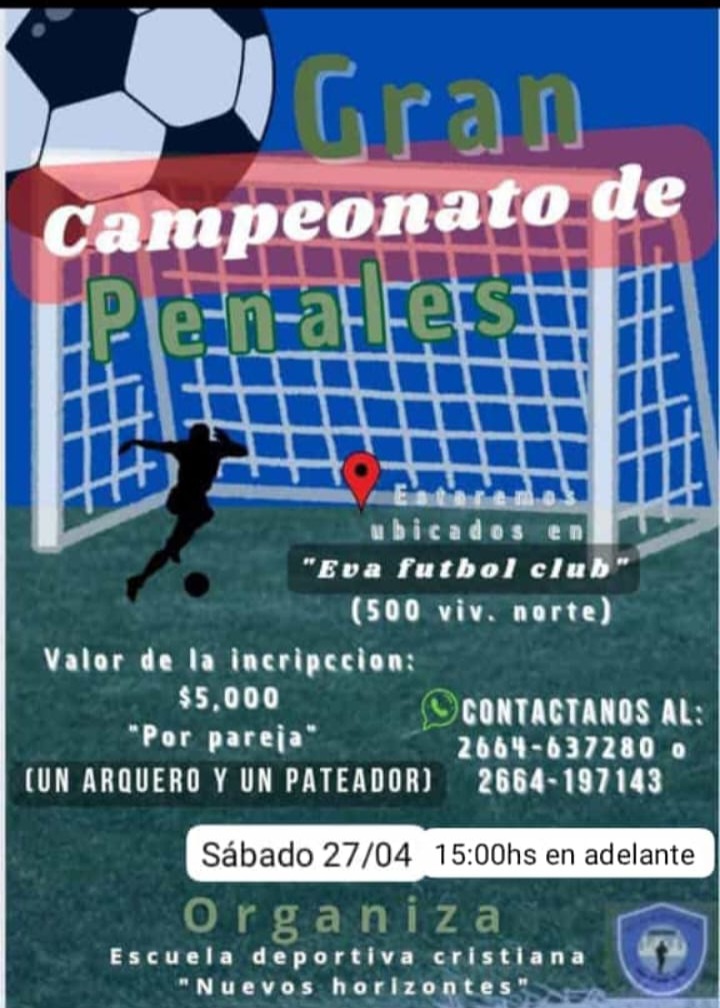 La Escuela Cristiana Deportiva 'Nuevos Horizontes' convoca a un Campeonato de Penales en el Predio del Eva Fútbol Club
