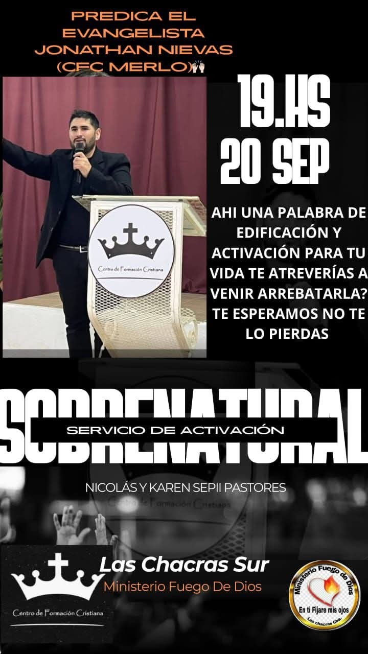 El  evangelista de CFC Merlo visitará la localidad cordobesa este viernes 20 de septiembre en un evento organizado por el Ministerio Fuego de Dios, pastoreado por Nicolás y Karen Sepii.