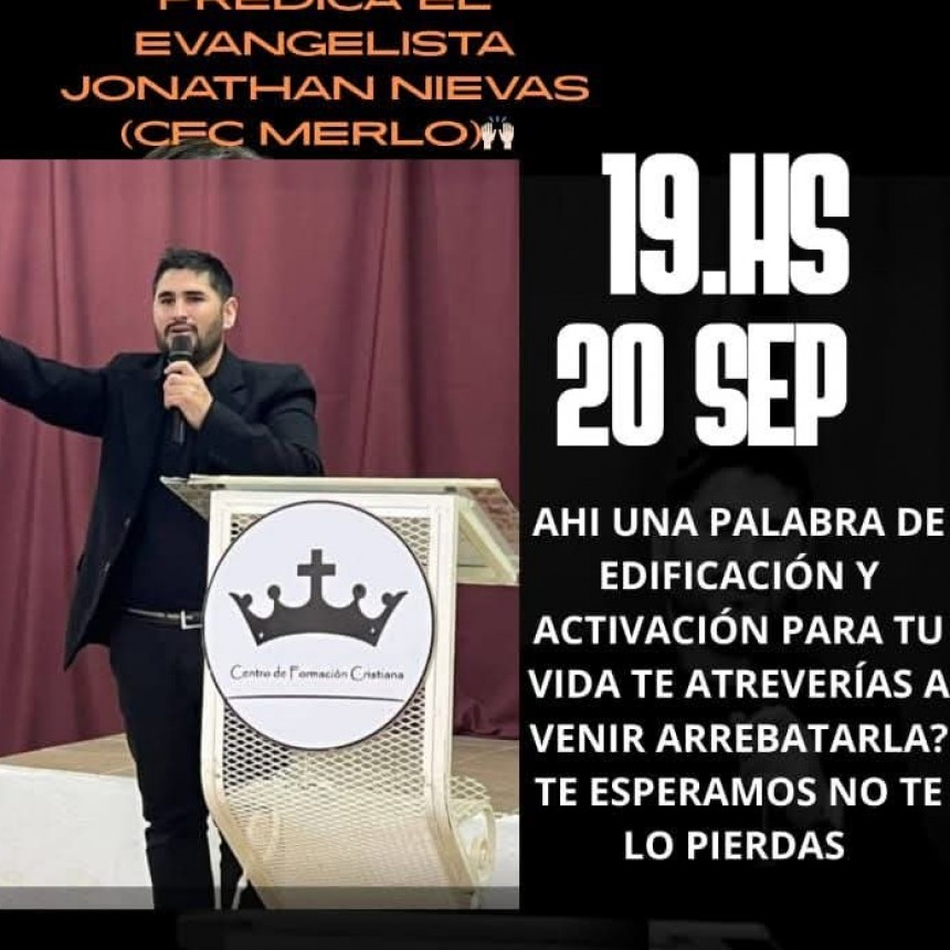 El  evangelista de CFC Merlo visitará la localidad cordobesa este viernes 20 de septiembre en un evento organizado por el Ministerio Fuego de Dios, pastoreado por Nicolás y Karen Sepii.
